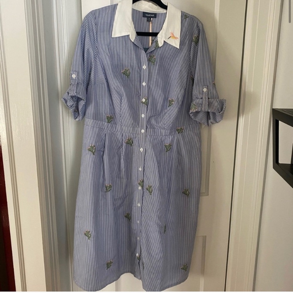 Modcloth cactus embroidered pin stripe shirt dress